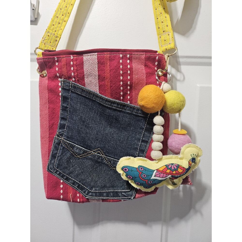 Handmade Upcycled Bag Denim And Kantha With Peacock Diwali Garland Crossbody